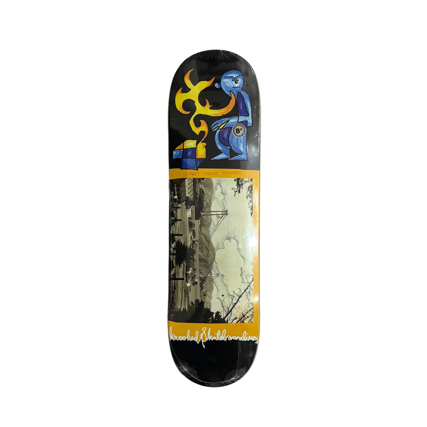 Skateboard deck with artistic design on a white surface