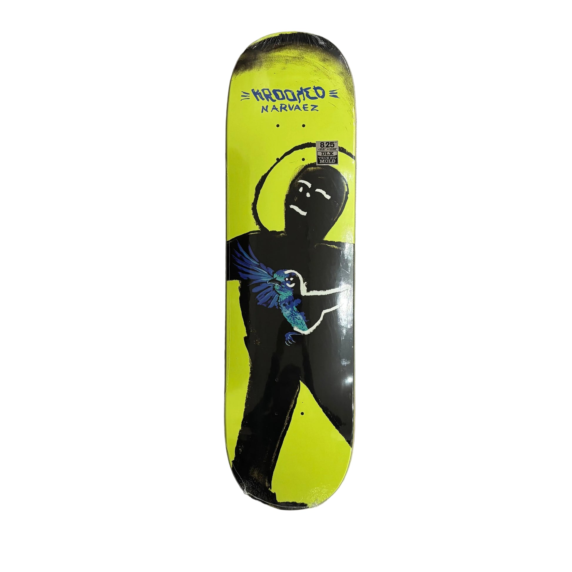 Skateboard deck with a black silhouette and blue dragon design on a yellow background, against a white background