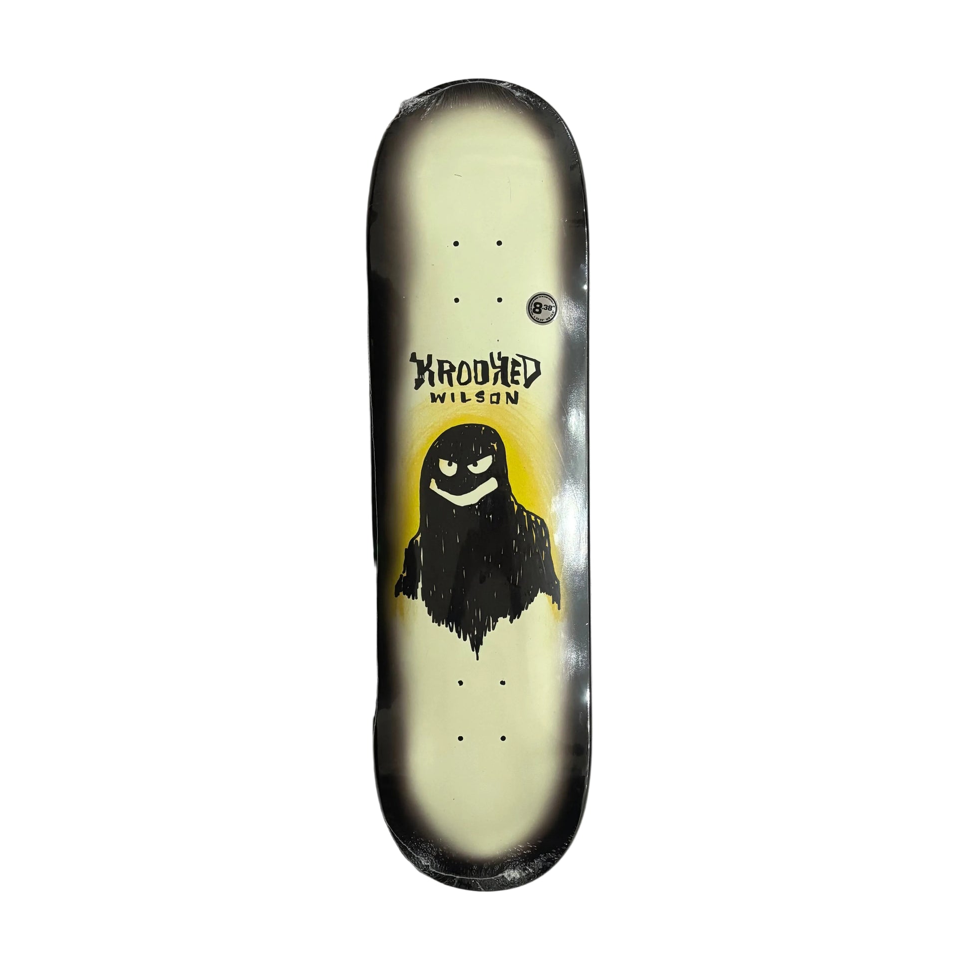 Skateboard deck with a graphic design on a white surface