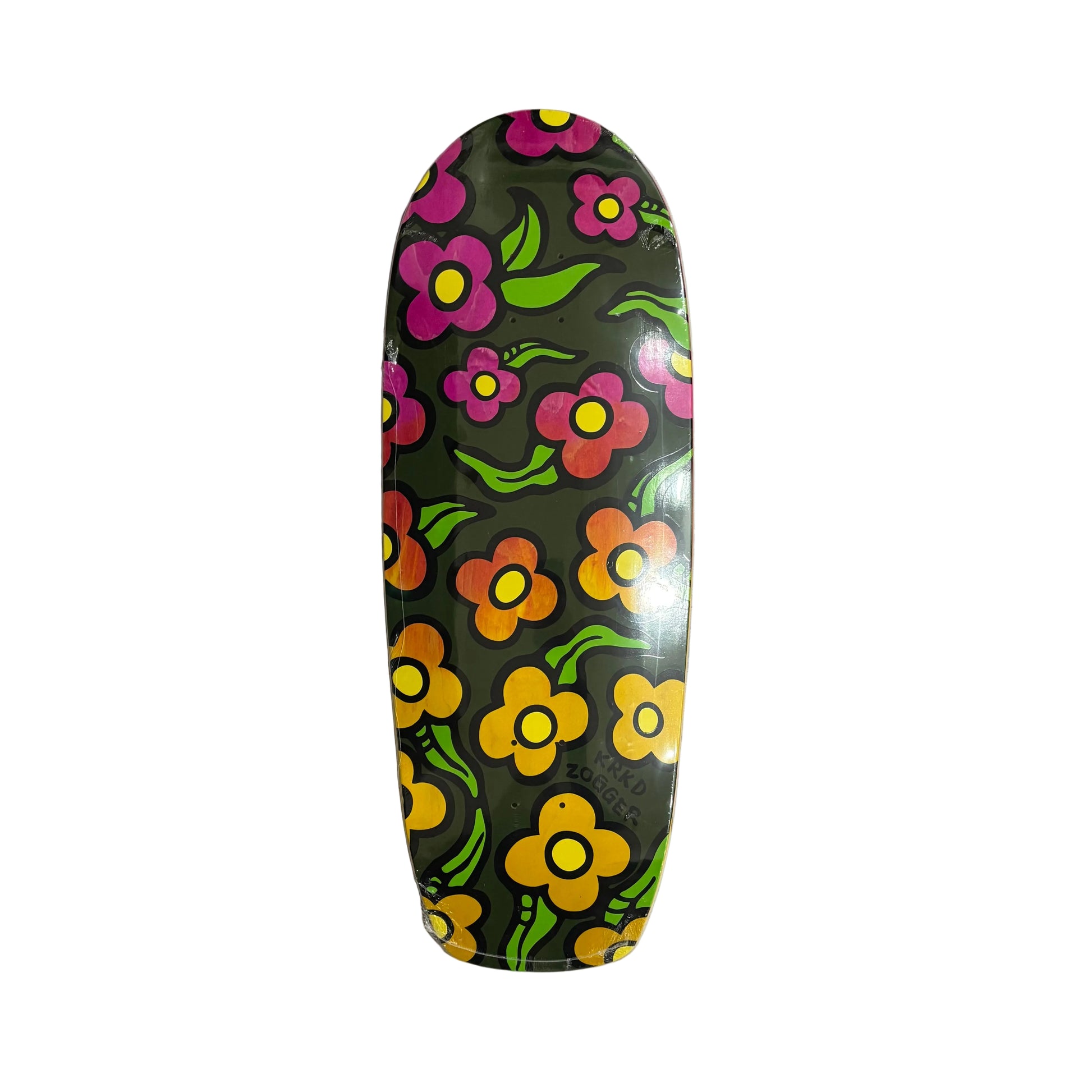 Skateboard deck with colorful floral pattern on a white surface