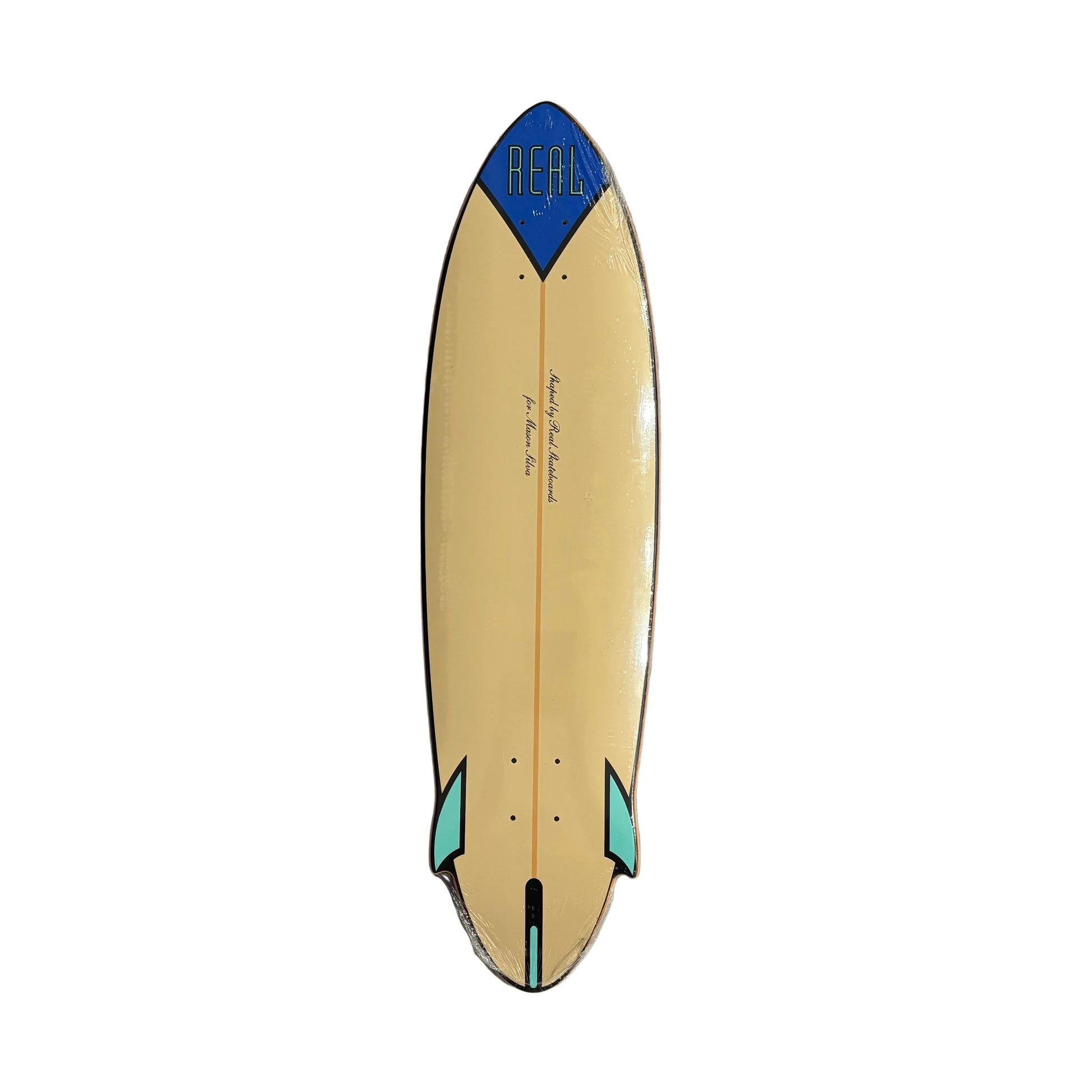 Surfboard shaped skateboard deck with 'Real' branding on a white surface