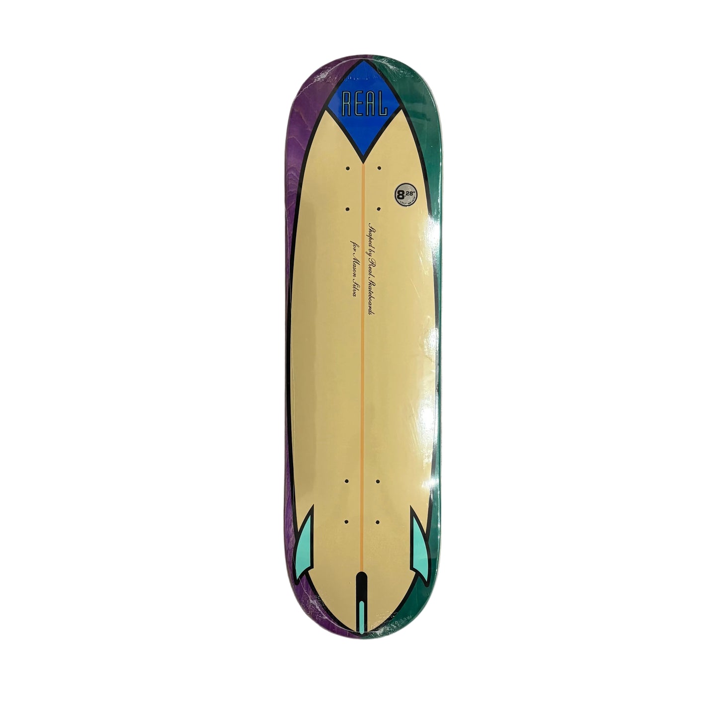 Skateboard deck with a colorful design on a white surface