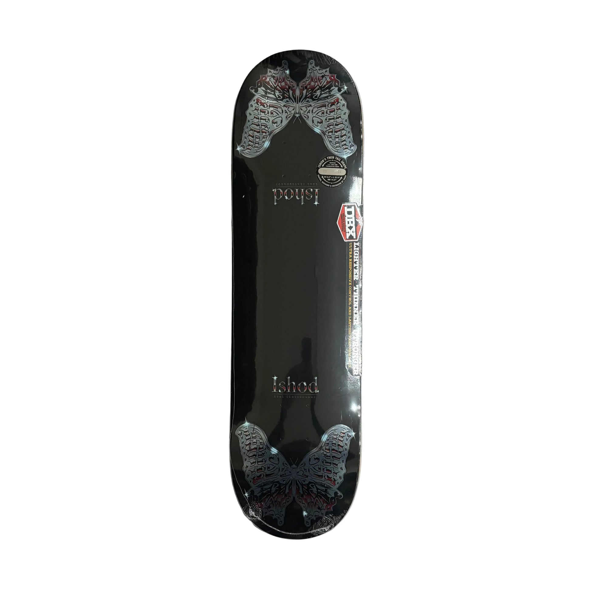Black skateboard deck with butterfly designs on a white surface