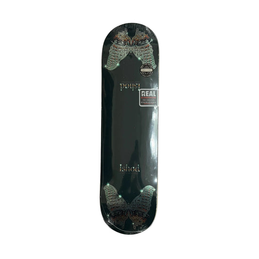 Skateboard deck with visible branding on a white surface