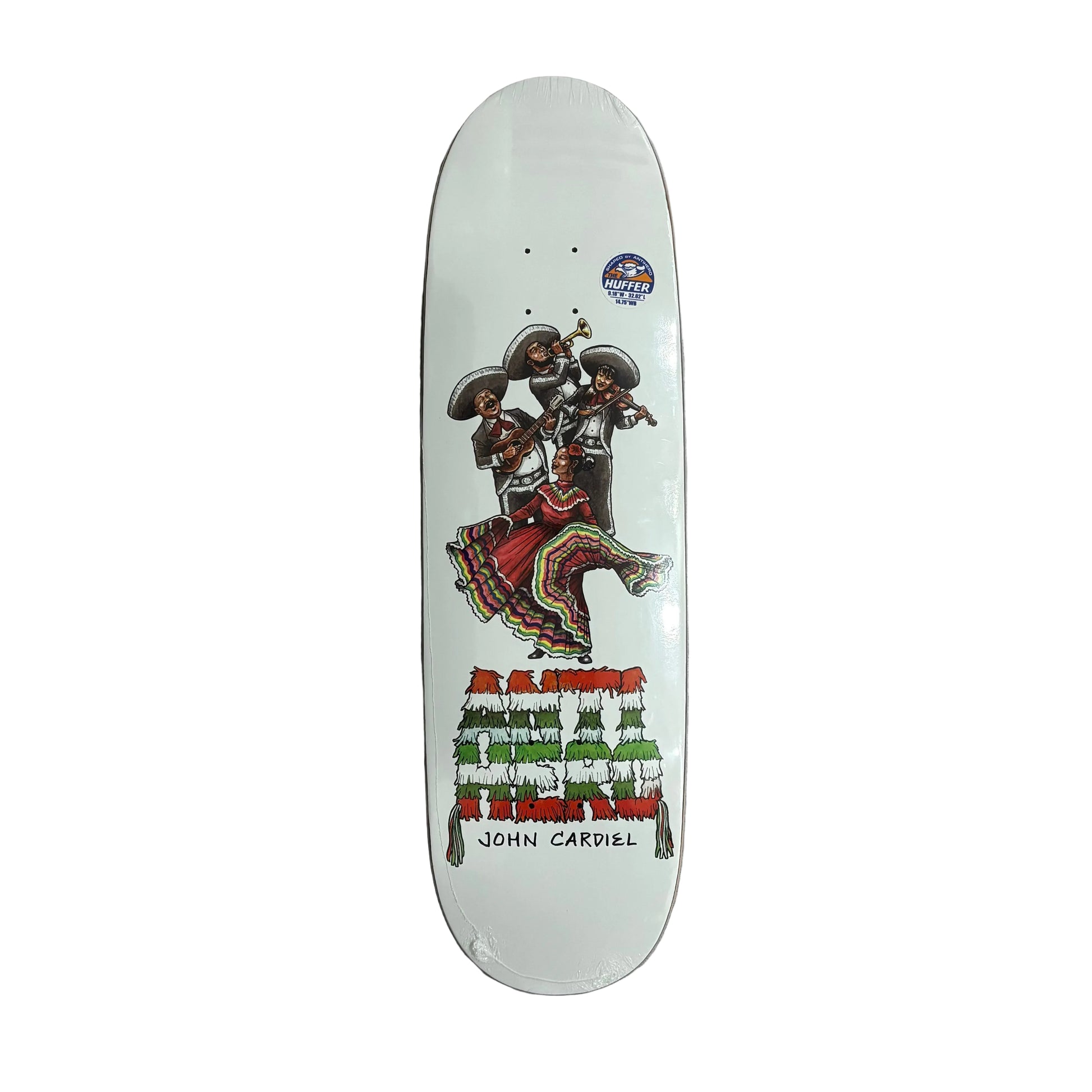 Skateboard deck with artistic design of a person on a horse, placed on a white surface