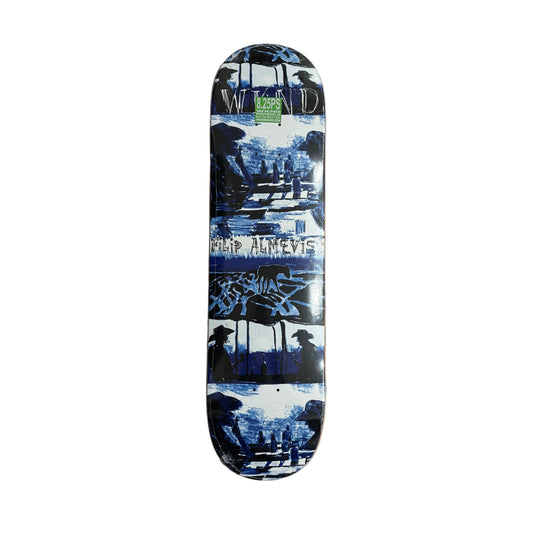 Skateboard deck with graphic design on a white surface