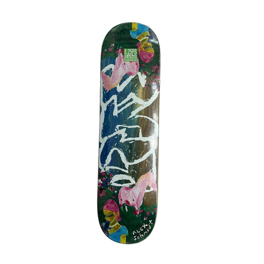skateboard deck with hand painted style graphic against a white background