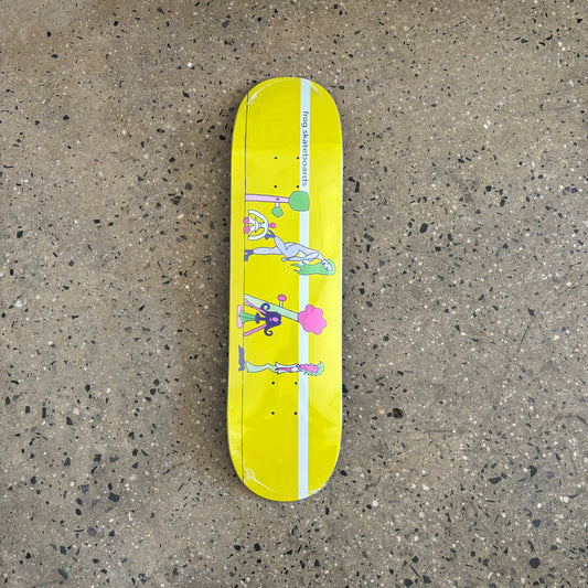 Yellow skateboard deck with hand drawn characters on it