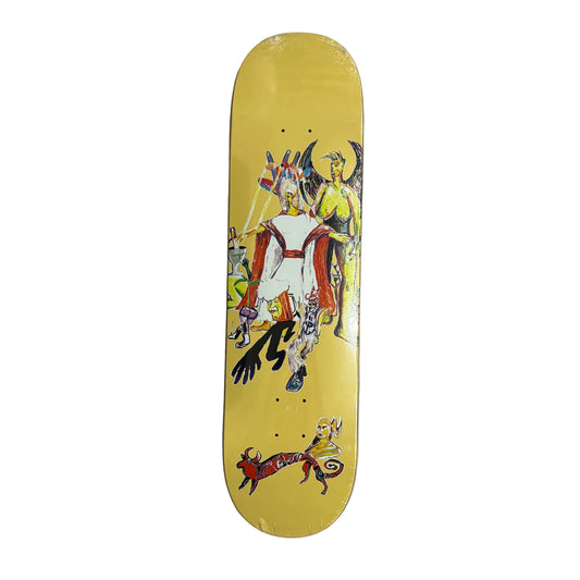 Skateboard deck with colorful graphic design on a white surface