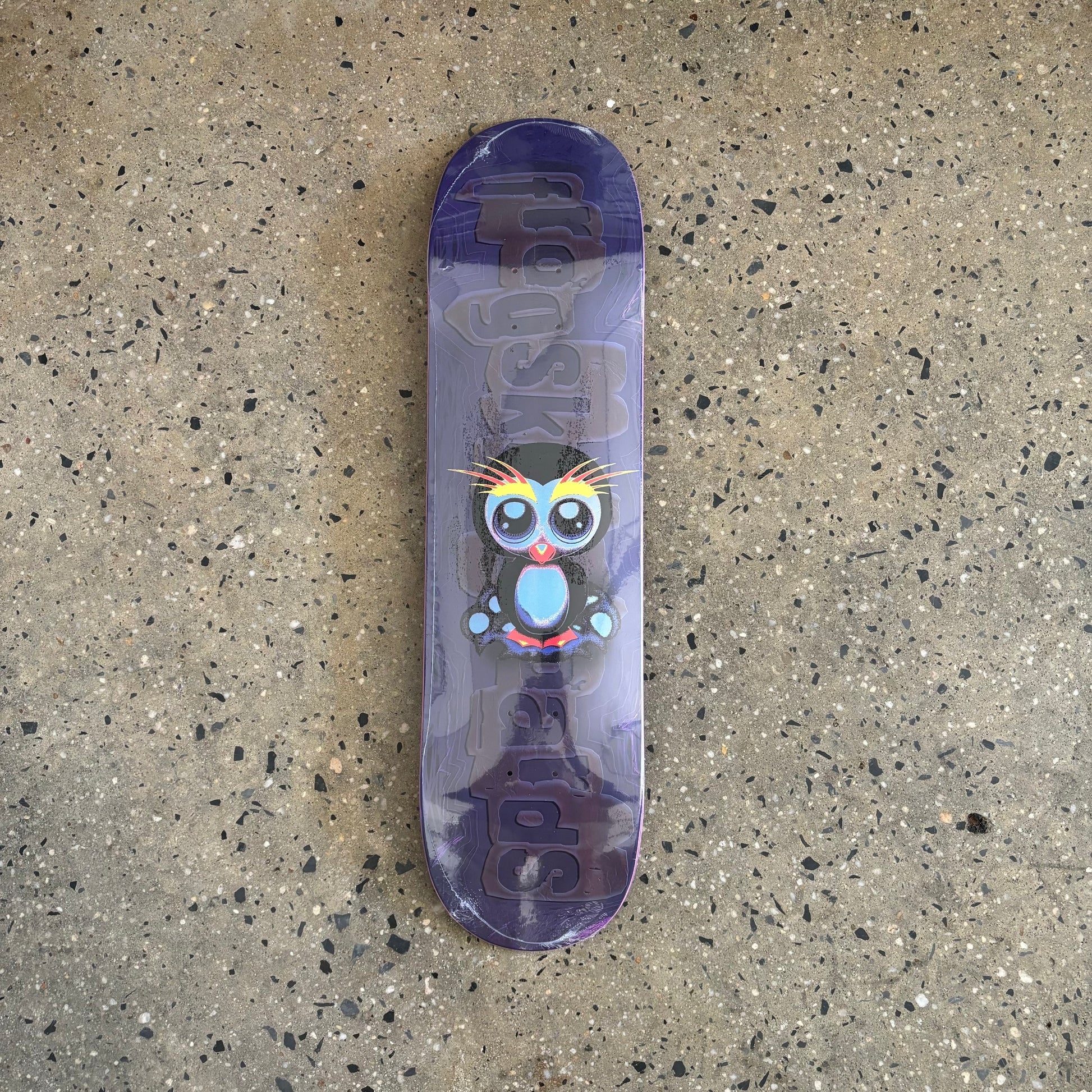 Frog Type and cartoon penguin on skateboard deck