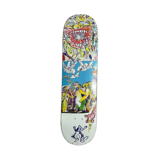 Colorful skateboard deck with artistic design on a white surface