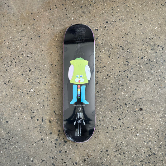 Hand drawn skeleton and cartoon dog like creature on skateboard deck