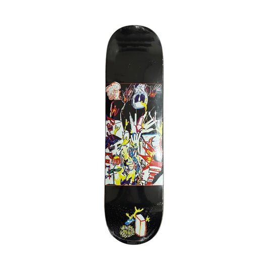 Skateboard deck with colorful abstract design on a white surface