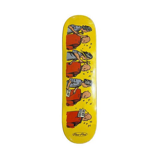 Skateboard deck with cartoon design on a white surface