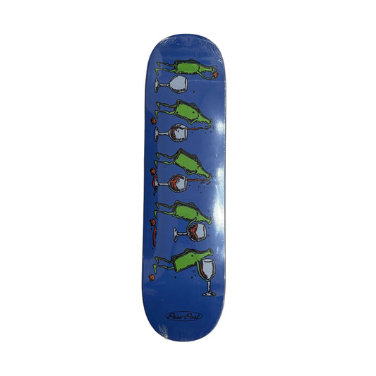 Skateboard deck with a blue background and green figures on a white surface