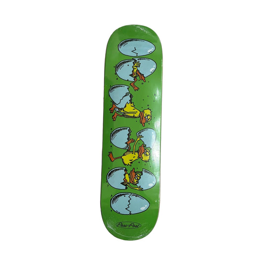 Skateboard deck with cartoon egg and chicken character design on a white surface