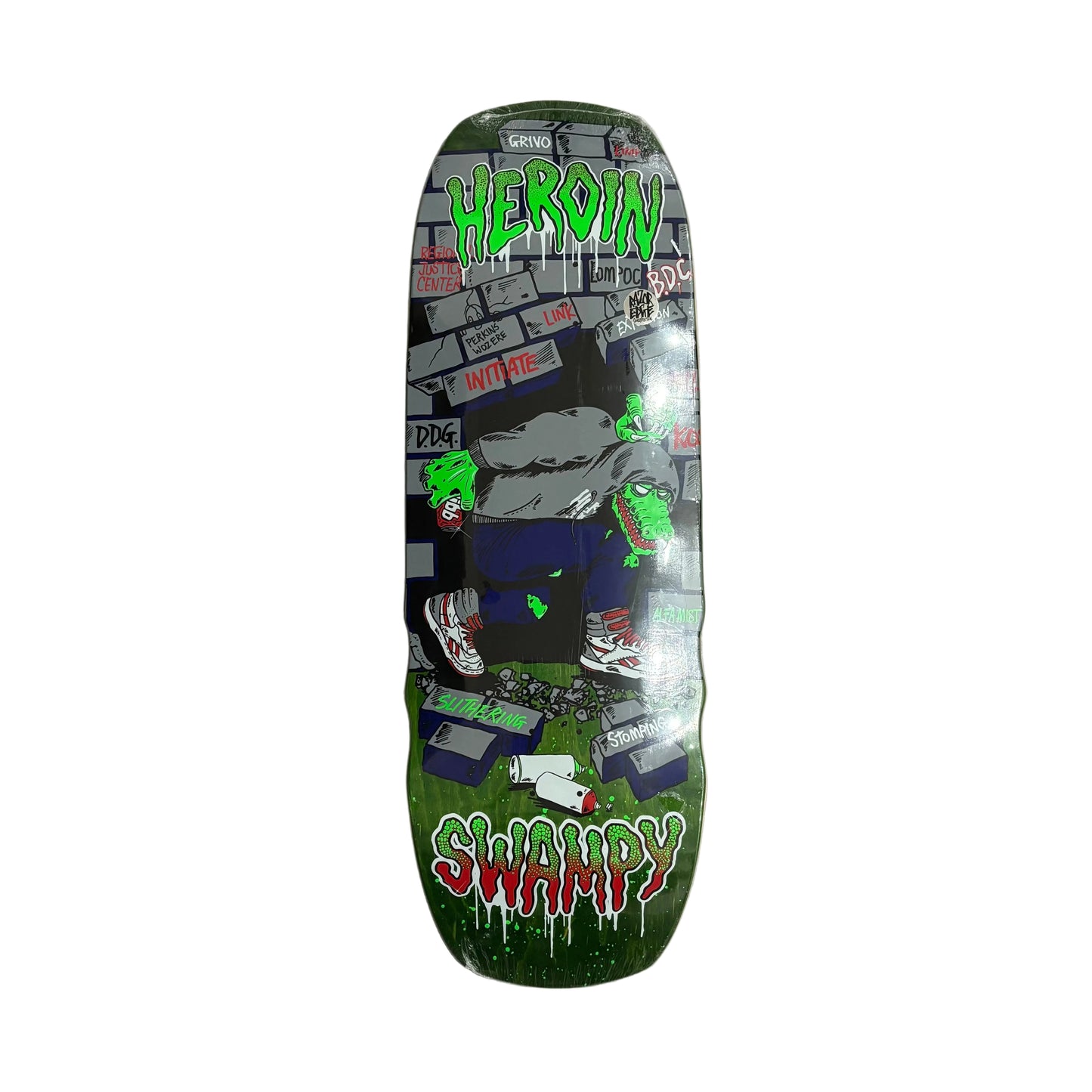 Skateboard deck with graphic design on a white surface