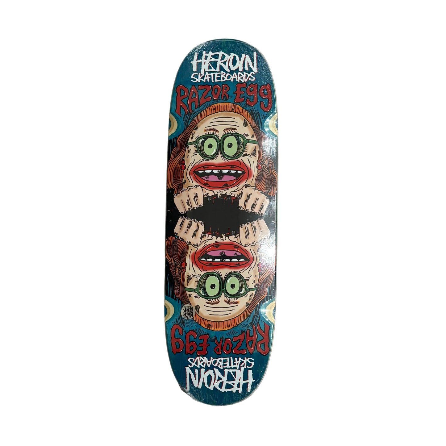 Skateboard deck with a colorful design on a white surface