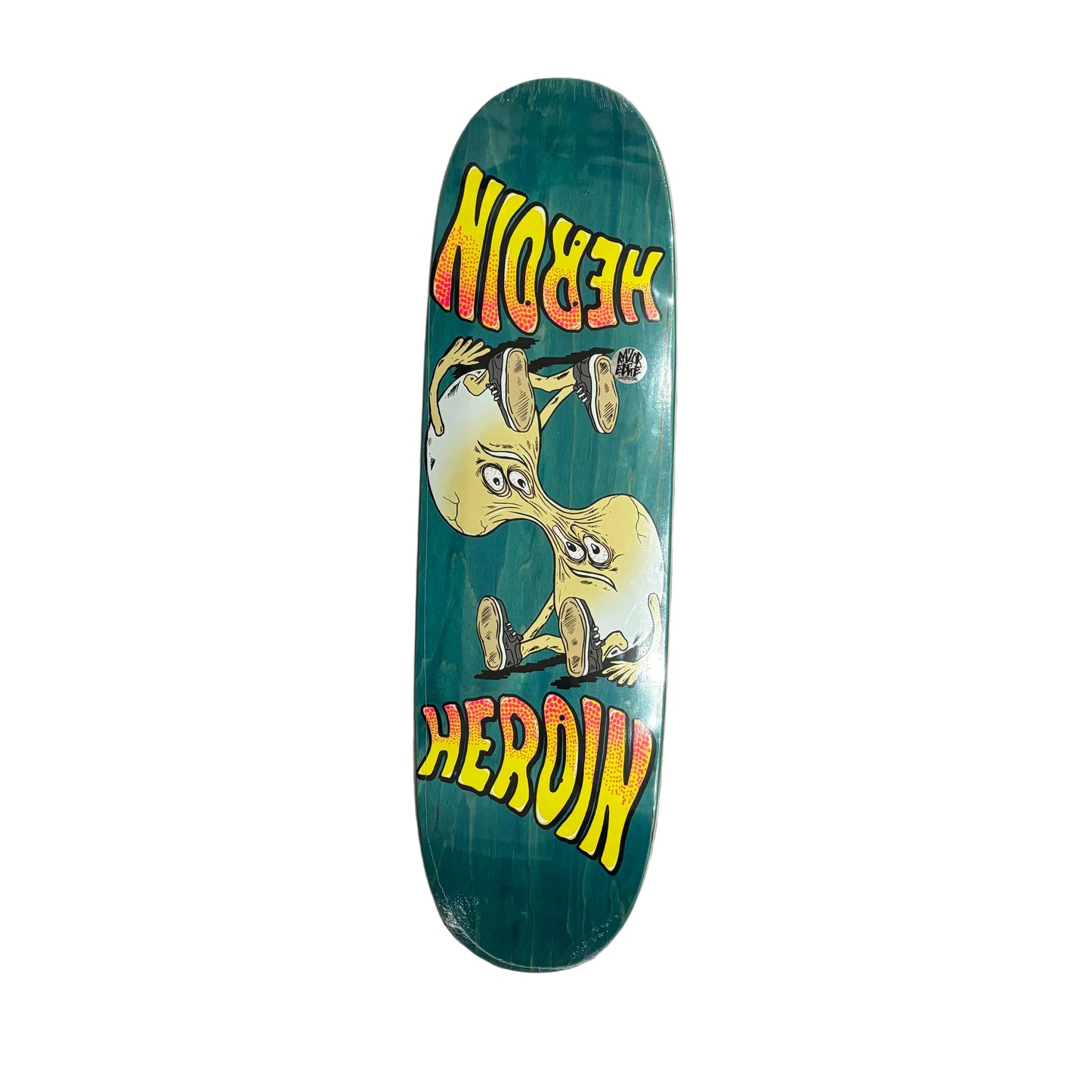 Skateboard deck with a cartoon character and 'Heroin' text on a white background