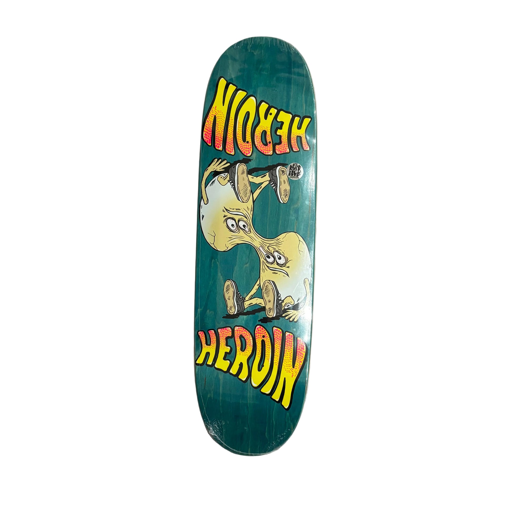 Skateboard deck with a cartoon character and 'Heroin' text on a white background