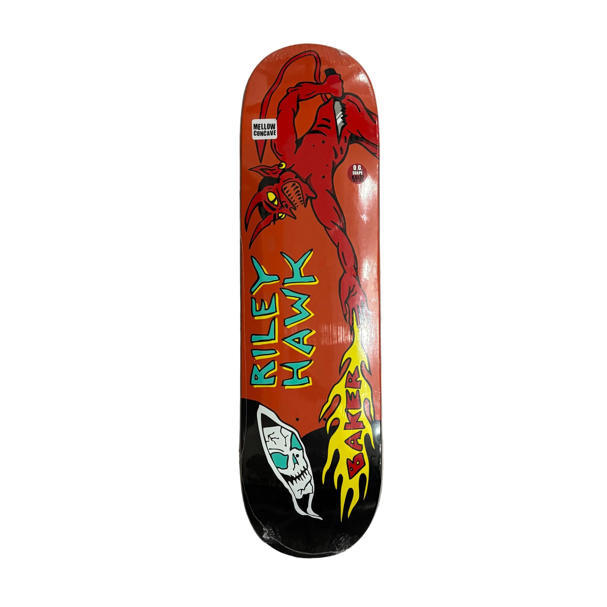 Skateboard deck with a red and black design featuring a stylized face and flames on a white surface.