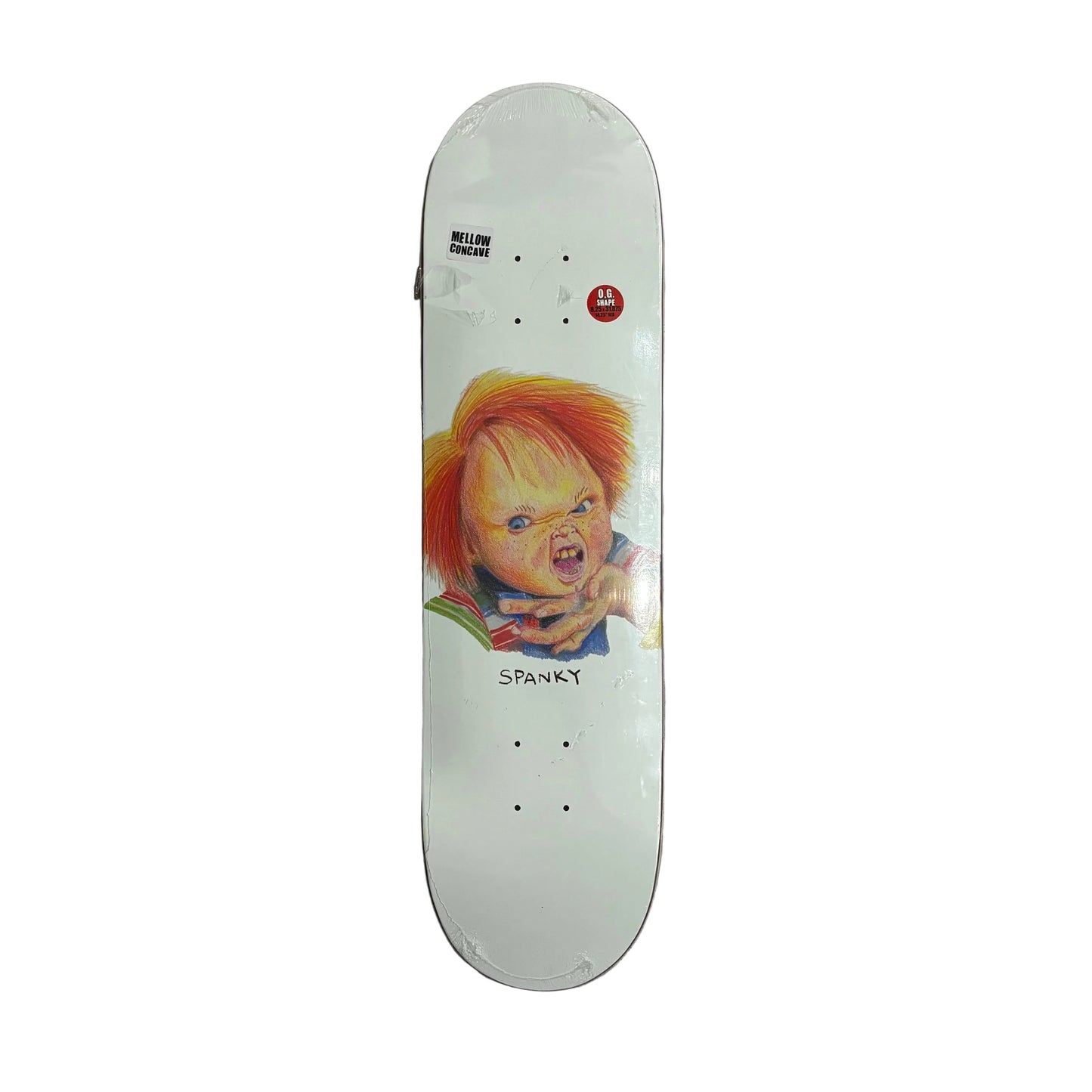 Skateboard deck with a graphic of a child's face and the word 'Spunky' on a white surface.