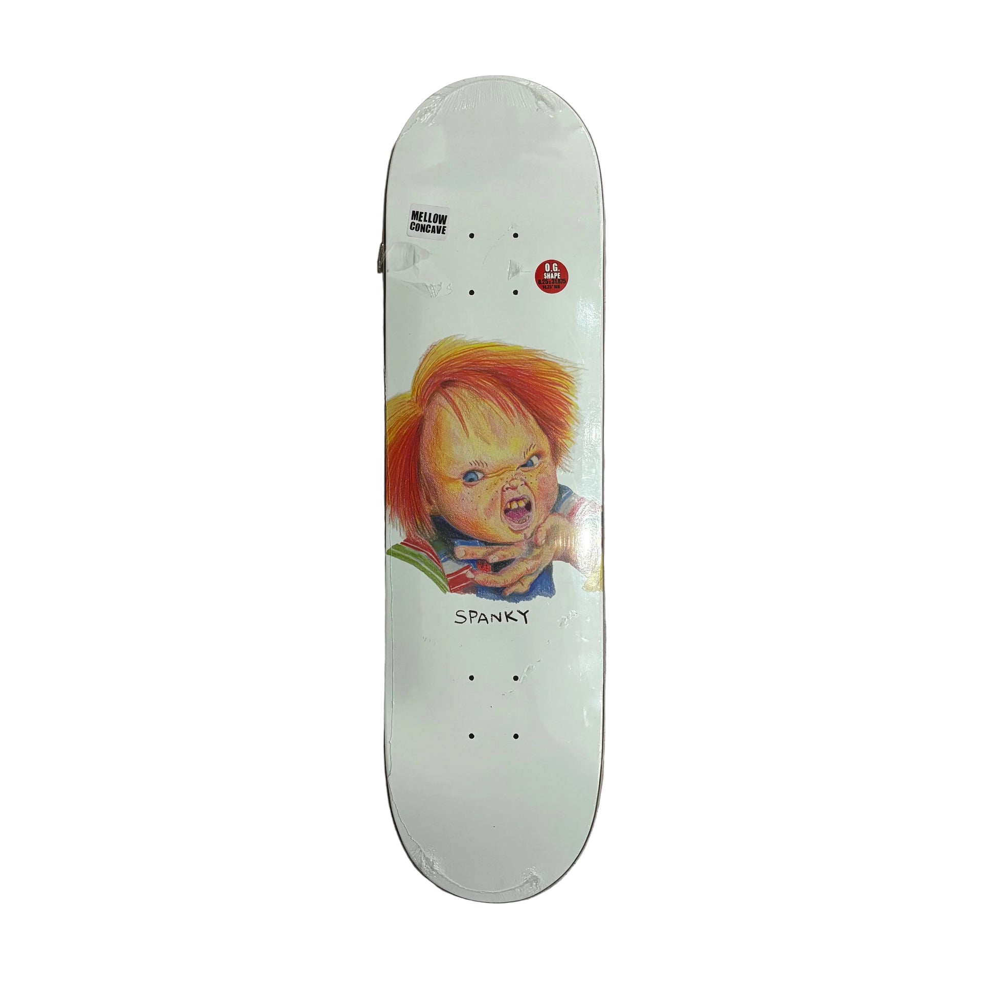 Skateboard deck with a graphic of a child's face and the word 'Spunky' on a white surface.
