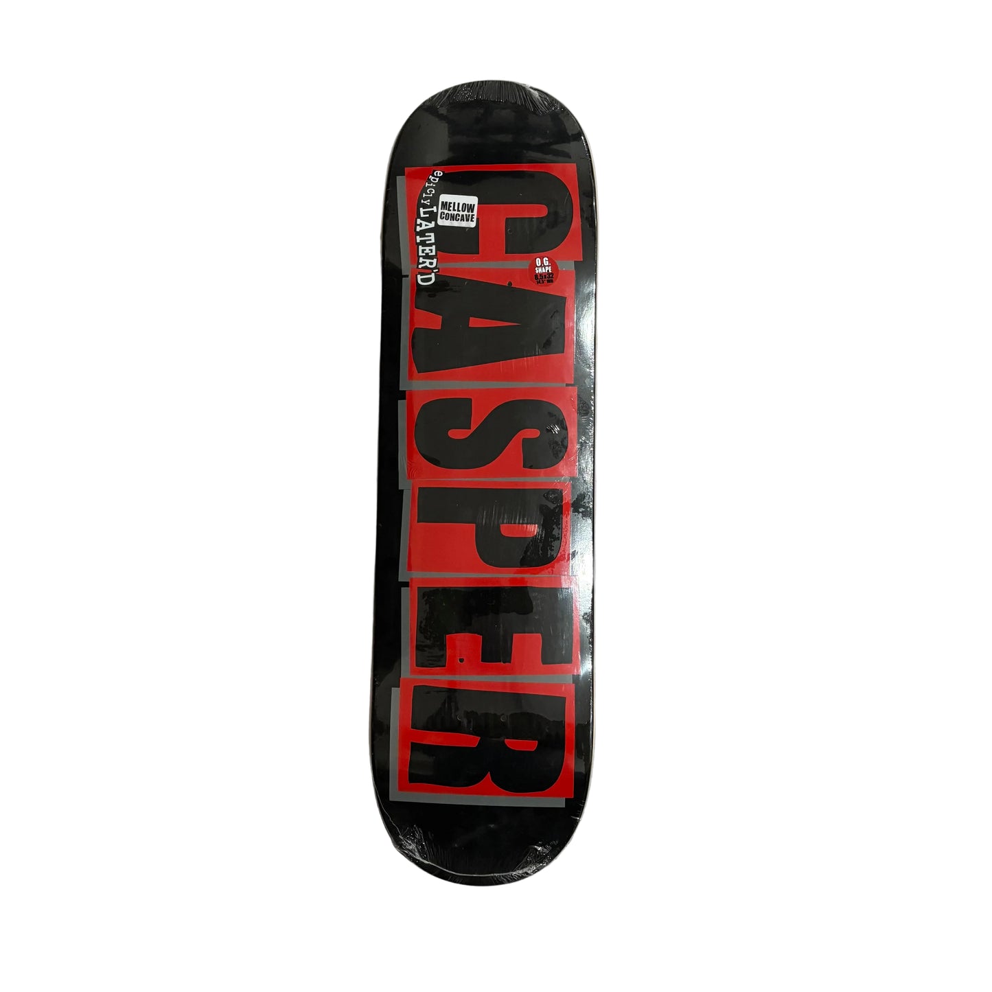 Skateboard deck with 'Casper' logo on a white surface