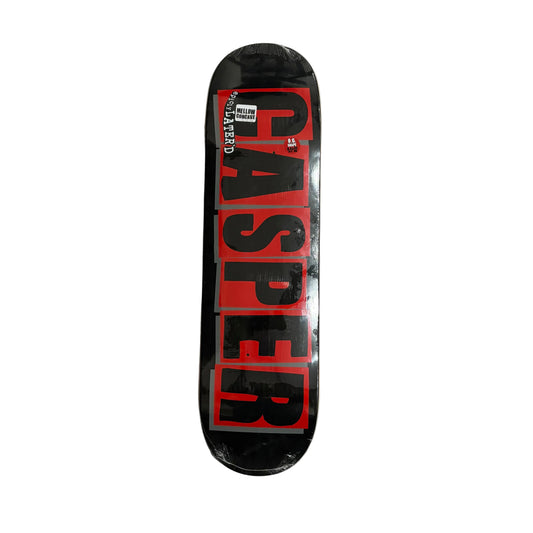 Skateboard deck with 'Casper' logo on a white surface