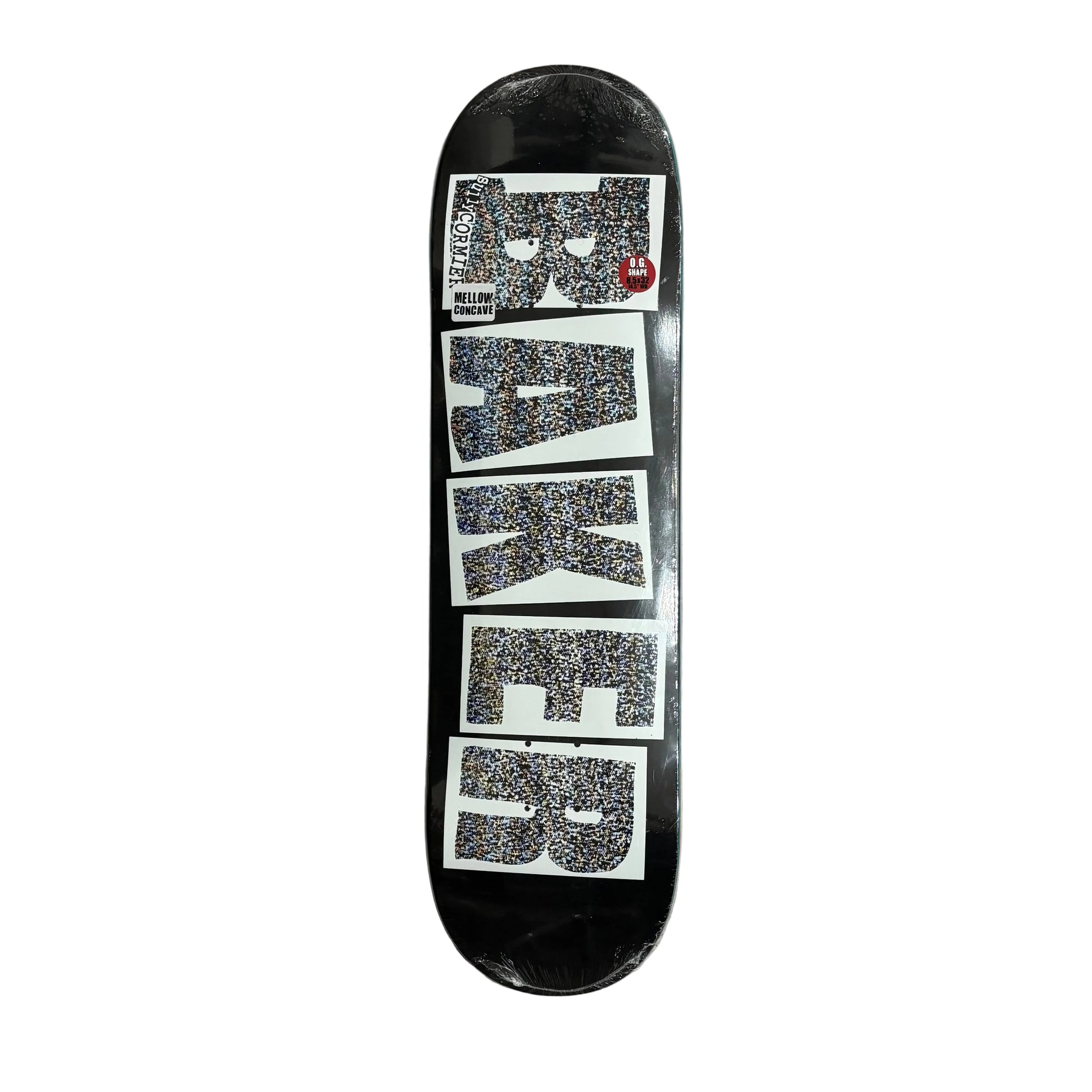 Skateboard deck with a black and white design on a white surface