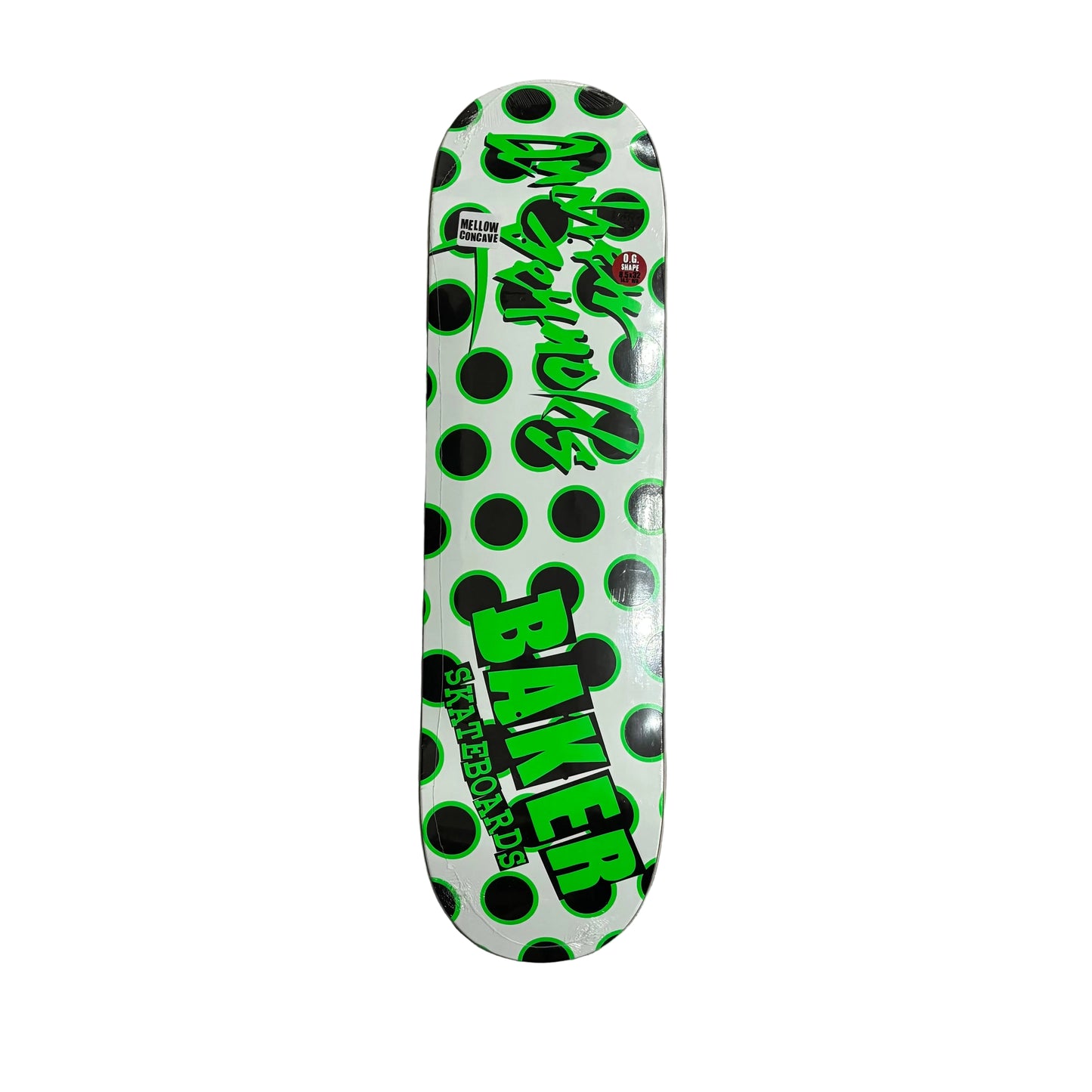 Skateboard deck with green and black polka dot pattern and 'Baker' branding on a white surface.