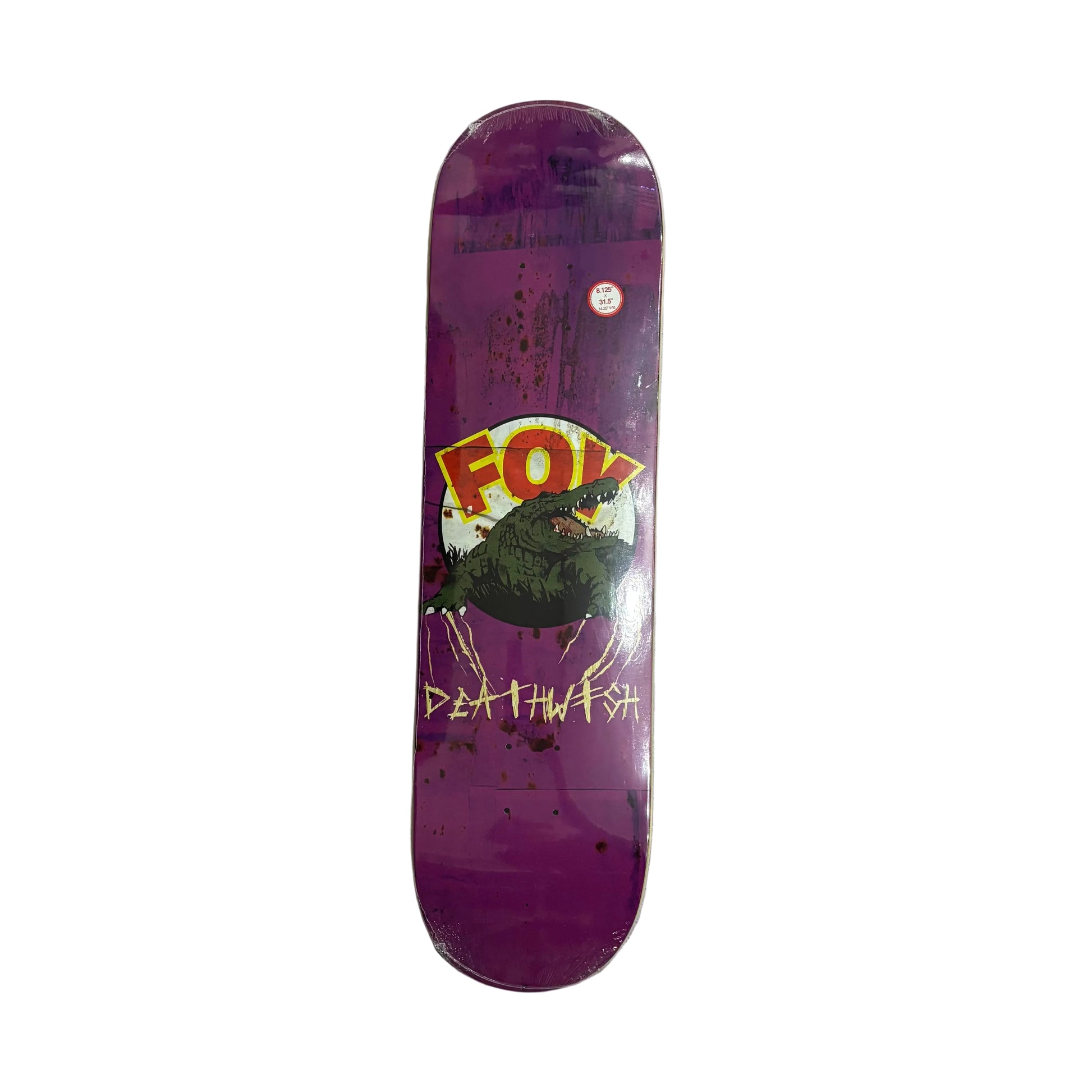 Purple skateboard deck with 'FOY' and 'DEATHwish' graphics on a white surface.
