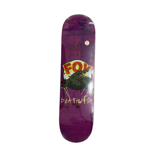 Purple skateboard deck with 'FOY' and 'DEATHwish' graphics on a white surface.