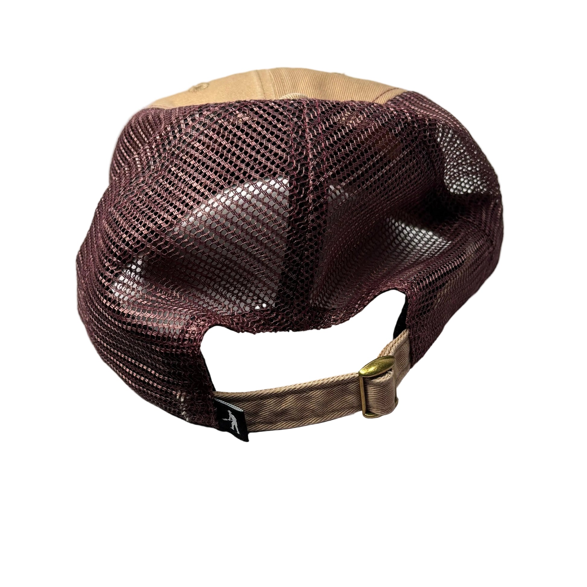 rear of Brown mesh cap with beige interior on a white background