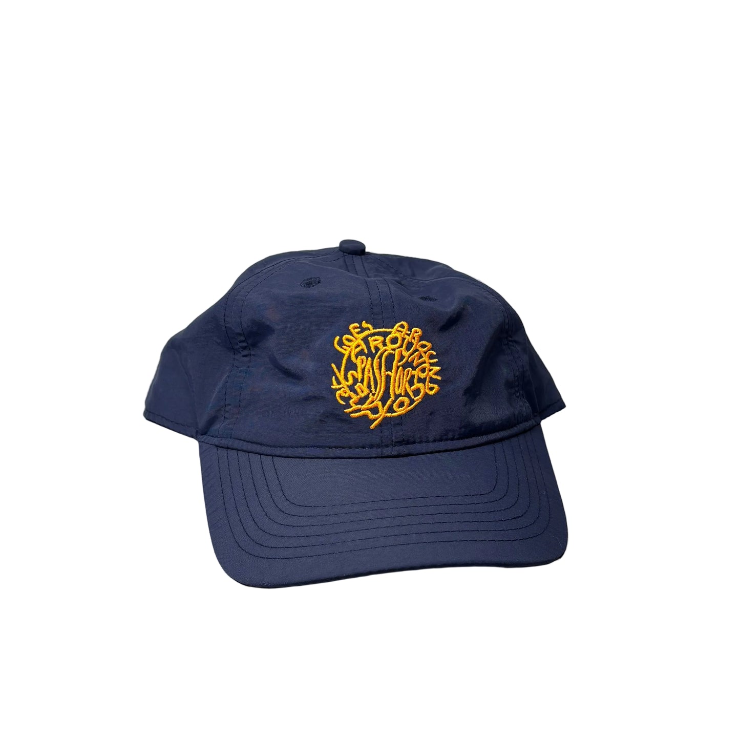 Navy blue cap with yellow logo on a white background
