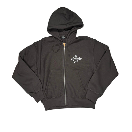 Black hoodie with a logo on a white surface