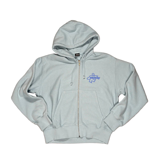 Light blue hoodie with a blue logo on a white surface