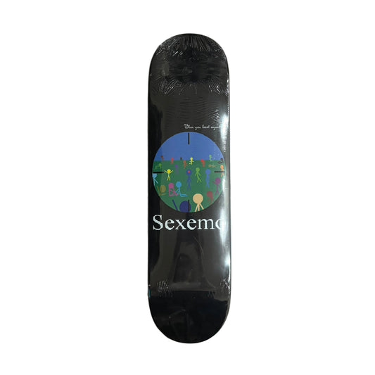 Skateboard deck with 'Sexemo' logo on a white surface