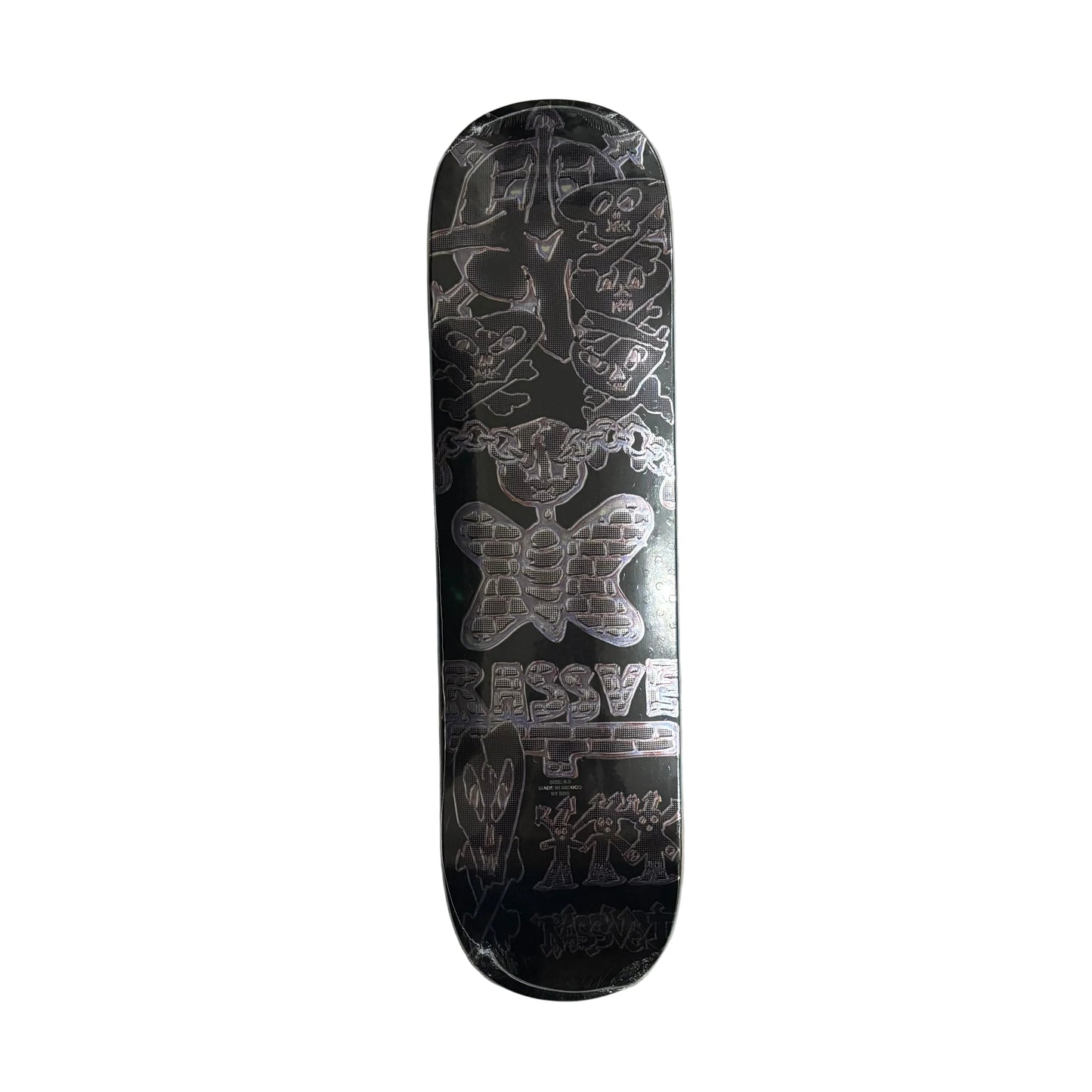 Skateboard deck with black and white metallic design on a white surface