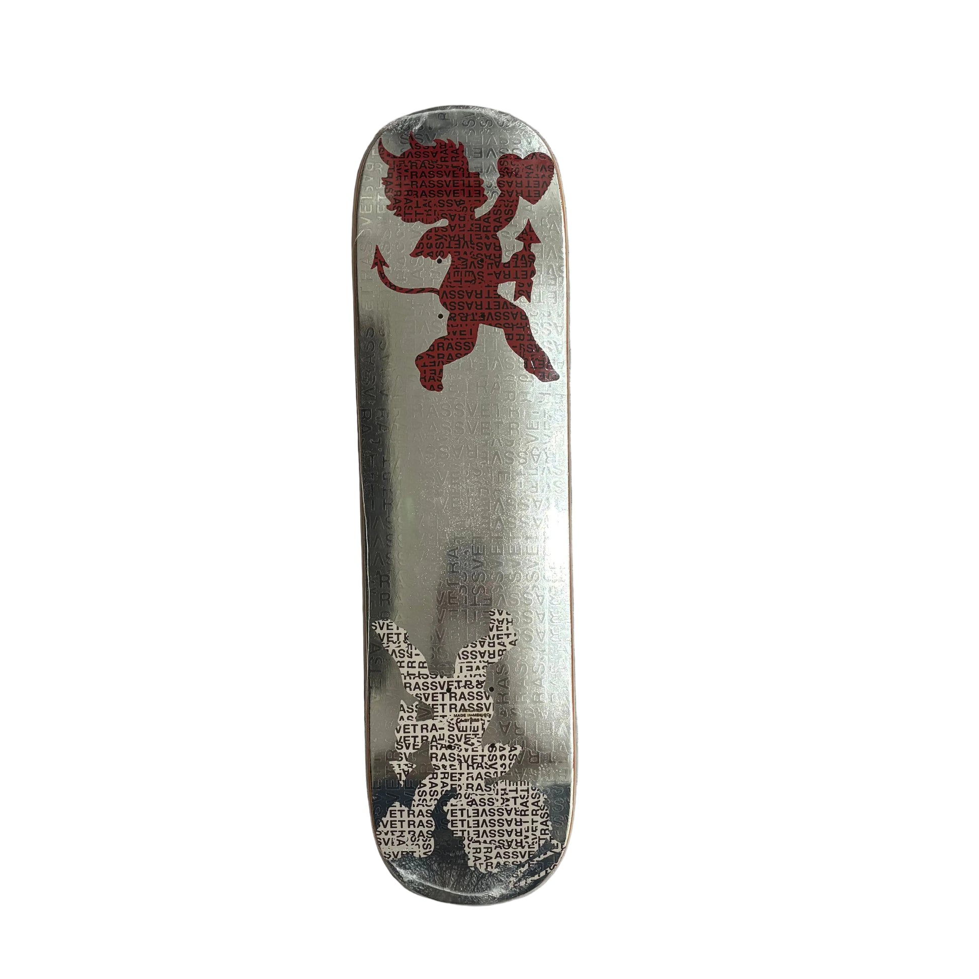 chrome Skateboard deck with a red lion design on a white surface