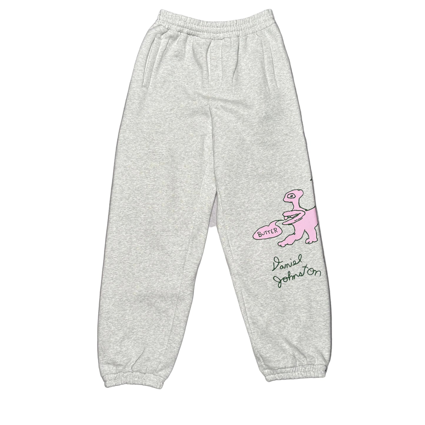Gray sweatpants with a graphic design on a white surface