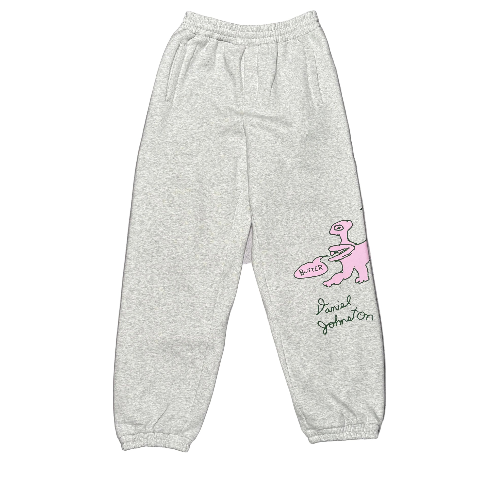 Gray sweatpants with a graphic design on a white surface
