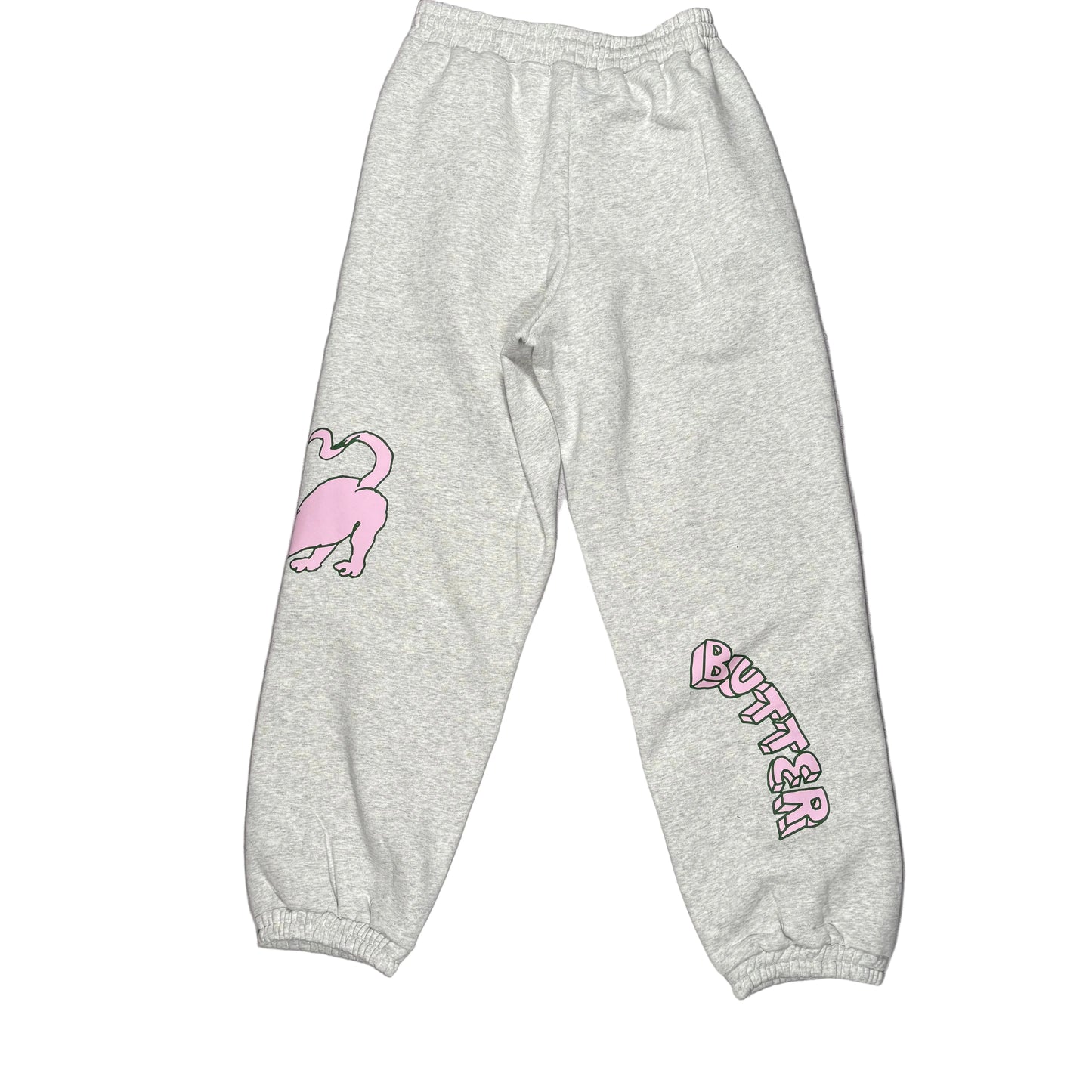 Gray sweatpants with pink dinosaur graphic and 'Butter' text on a white background