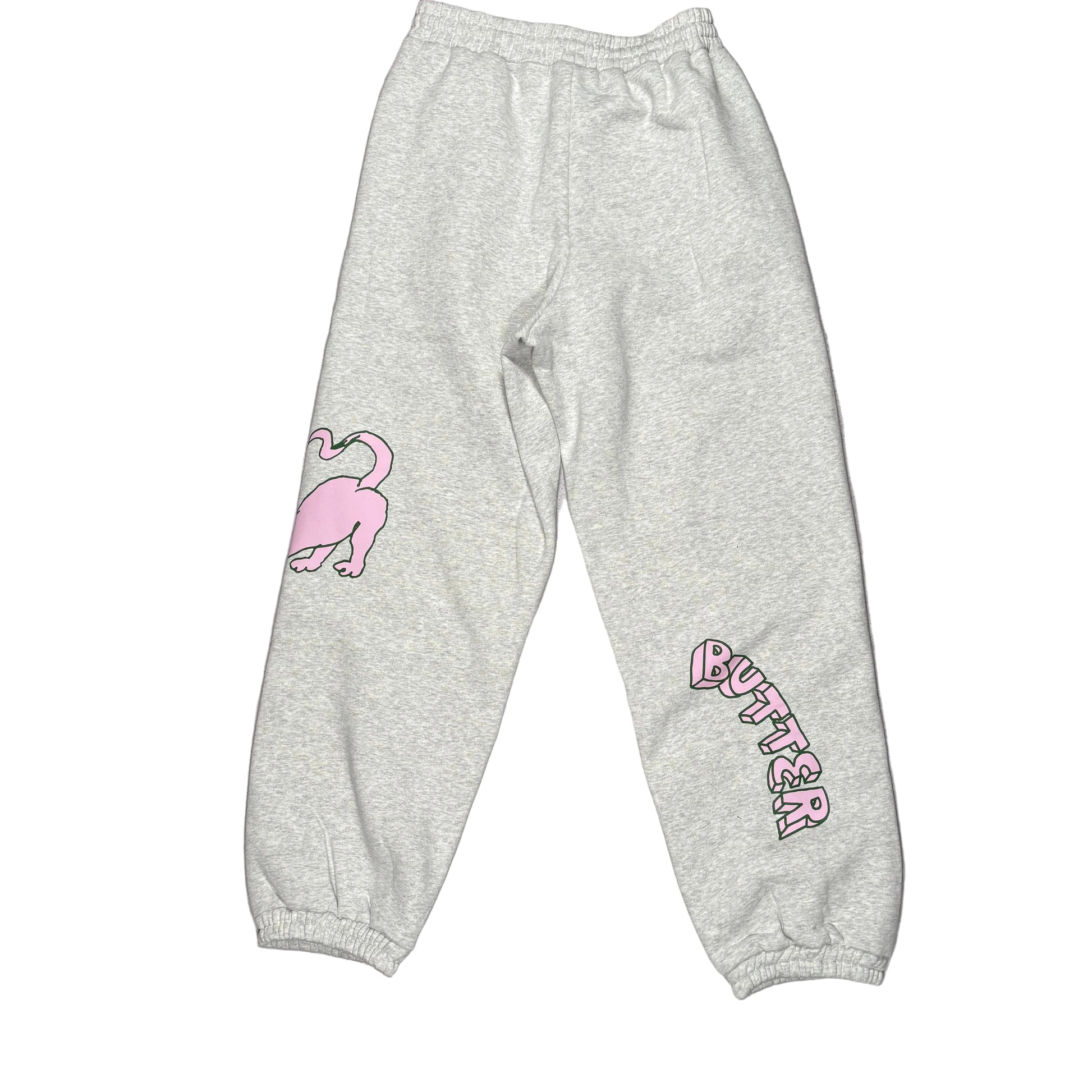 Gray sweatpants with pink dinosaur graphic and 'Butter' text on a white background