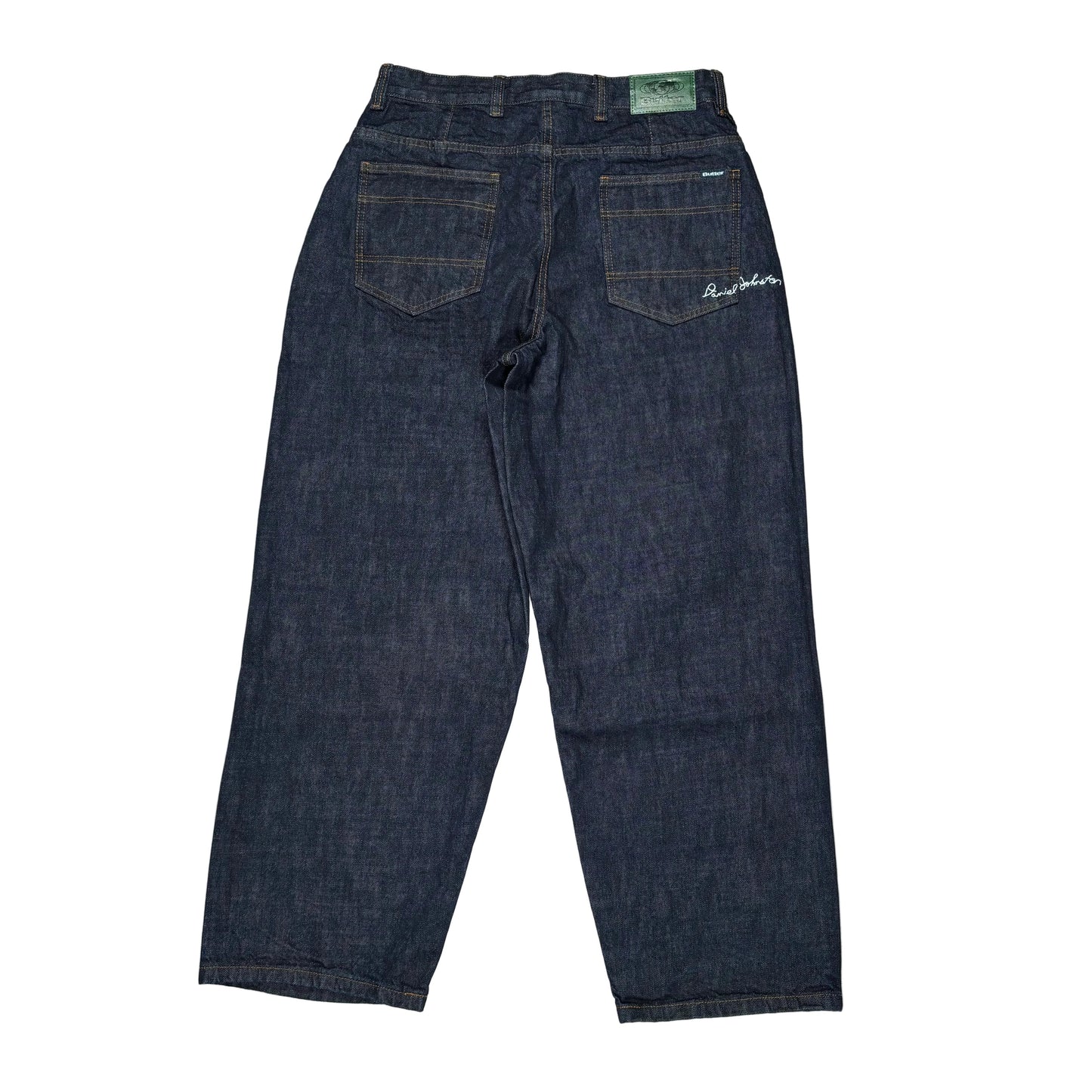 Pair of blue jeans on a white background with visible brand logo