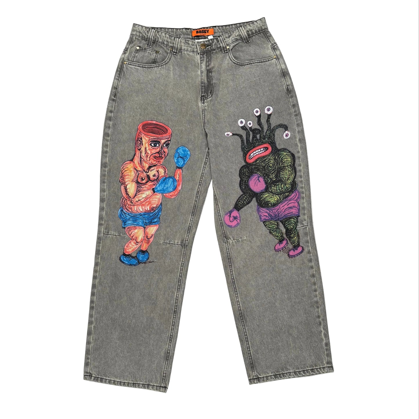 Gray jeans with colorful graphic designs on a white surface