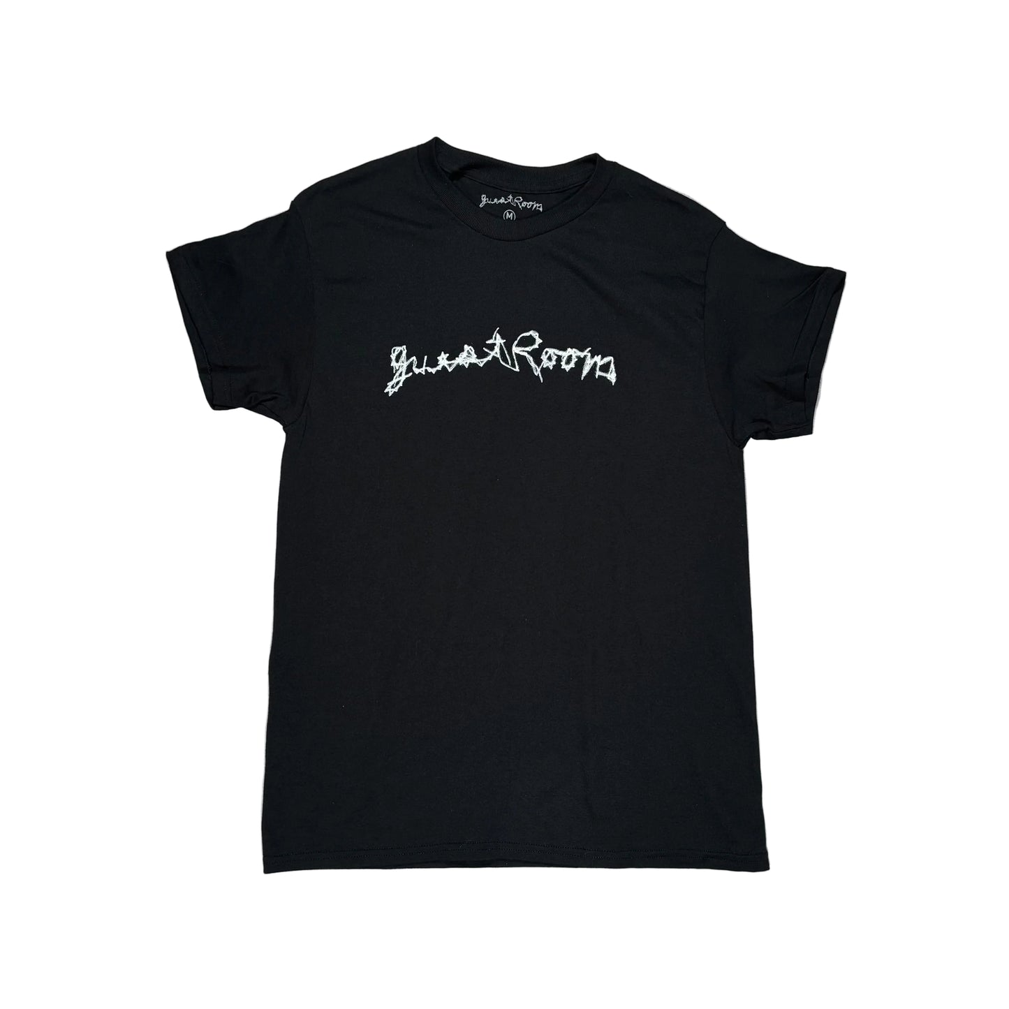 Black t-shirt with white text on a white surface
