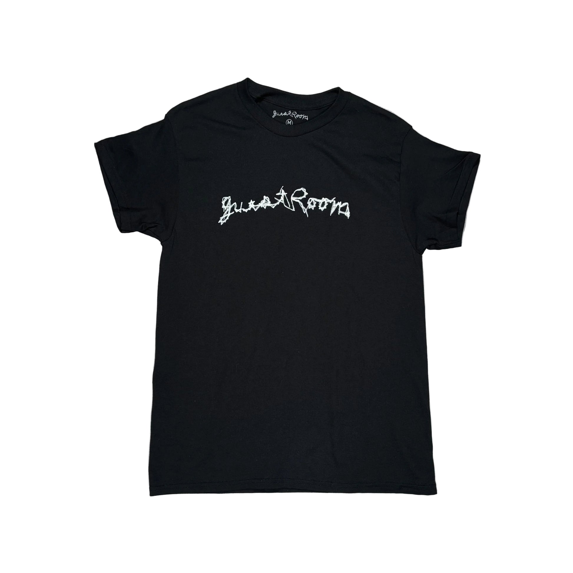 Black t-shirt with white text on a white surface