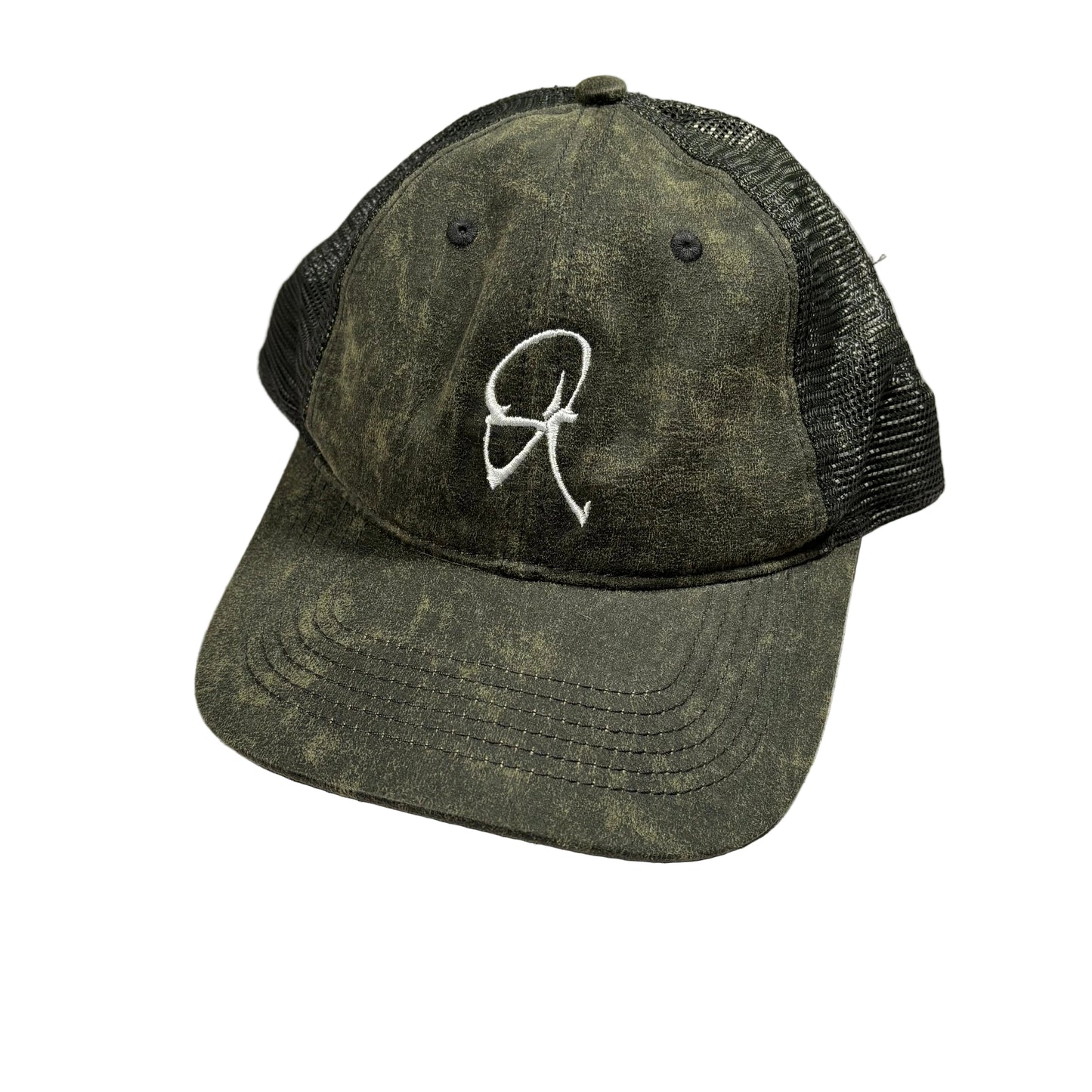 Green mesh cap with a white logo on a white surface