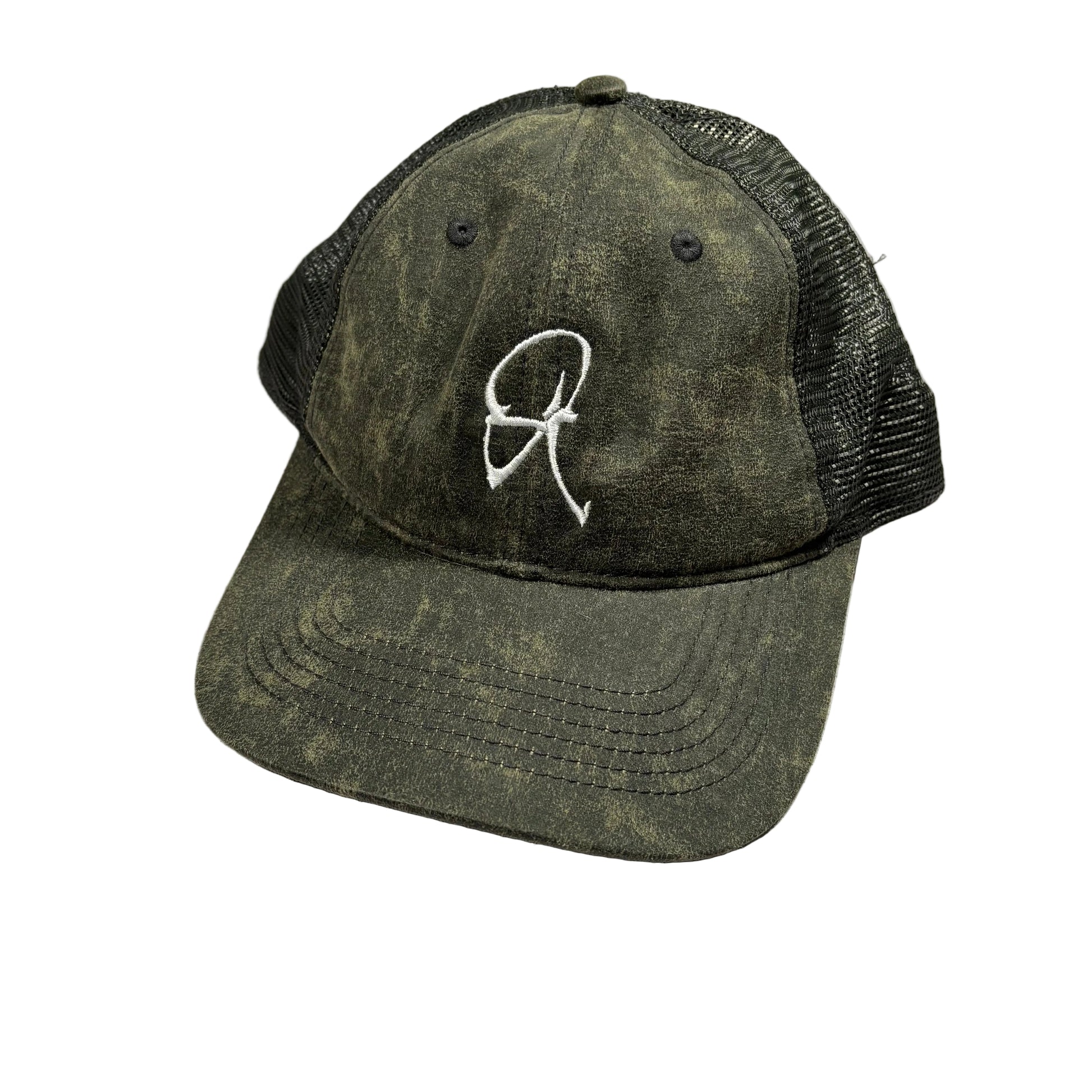 Green mesh cap with a white logo on a white surface